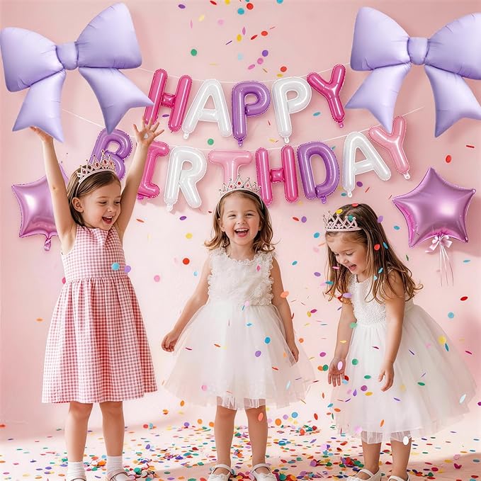 Pink Purple Happy Birthday Balloon, 38Inch Bow Aluminum Foil