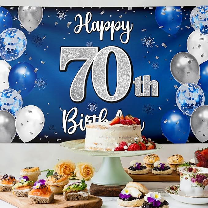 Happy 70th Birthday Decorations 70th Blue & Silver Balloon Large