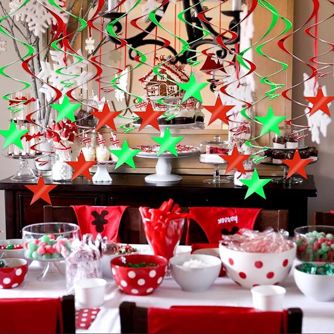 BEISHIDA Red Green Star Hanging Swirl Christmas Decorations Ceiling