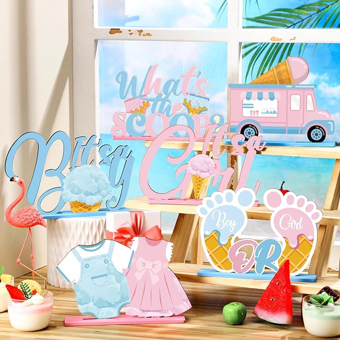 6 Pcs Ice Cream Gender Reveal Wooden Table Decorations Topper Blue