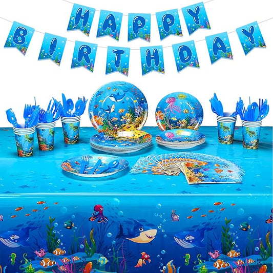 171 Pcs Under the Sea Party Supplies Ocean Sea Party Tableware Set