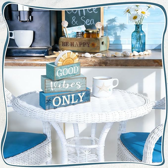 4 Pcs Beach Themed Table Decor Good Vibes Only Wood Block Sign