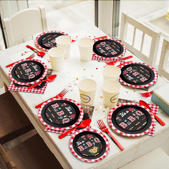 96 PCS BBQ Baby Shower Plates Napkins BabyQ Party Tableware It's A