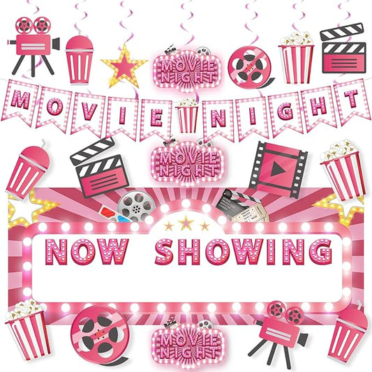 Pink Movie Night Party Decorations 36Pcs Now Showing Party Supplies