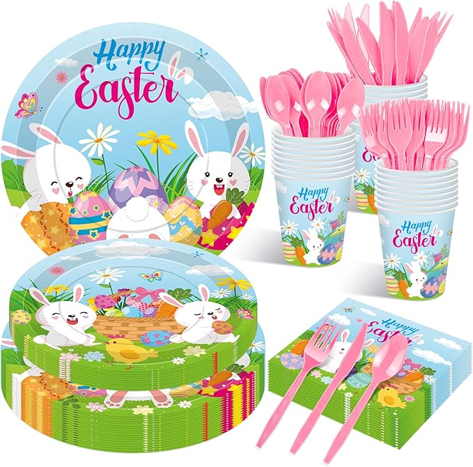 175 Pcs Easter Day Tableware Set Serves 25 Happy Easter Bunny and