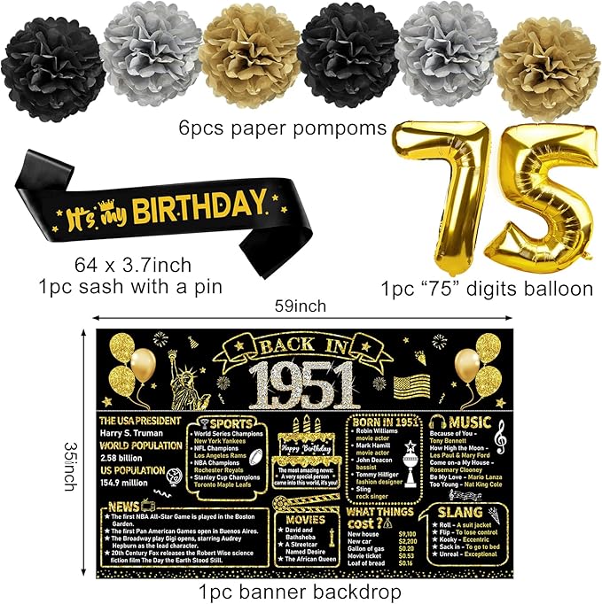 75th Birthday Decorations for Men Women 21pcs the Year 1951 Banner
