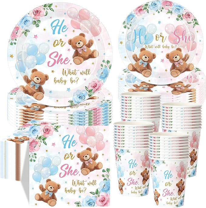 250 Pcs Bear Gender Reveal Paper Plates and Napkins Party Supplies