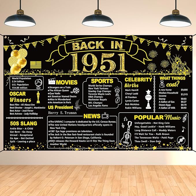 DARUNAXY 75th Birthday Black Gold Party Decoration, Back in 1951
