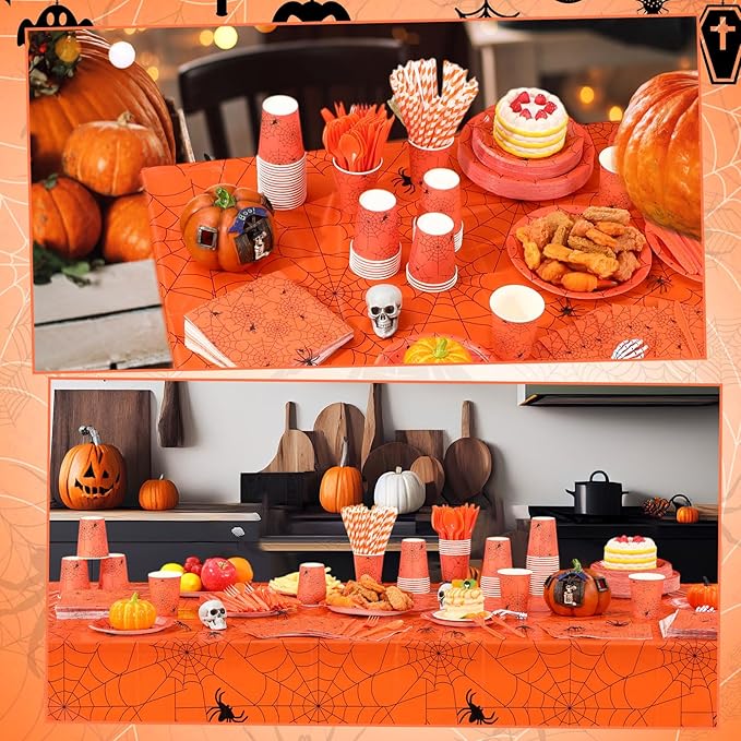 452 Pcs Halloween Spiderweb Supplies Tableware for 50 Guests Orange
