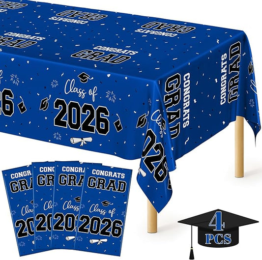 QZYL 4 Pack Graduation Tablecloth, 54" x 108" Blue Graduation Table