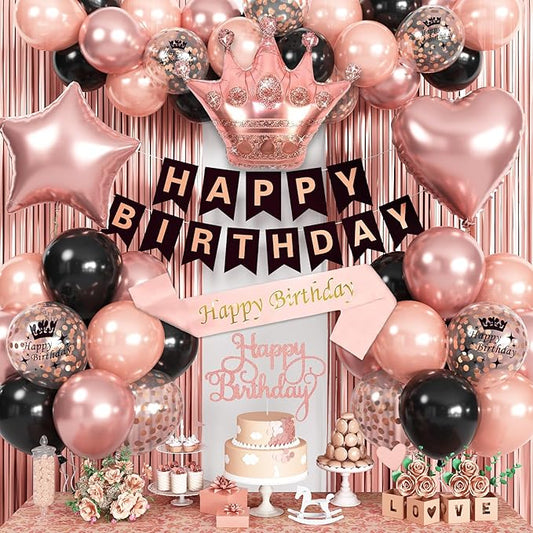 Rose Gold Birthday Decorations Black & Rose Gold Balloons Happy