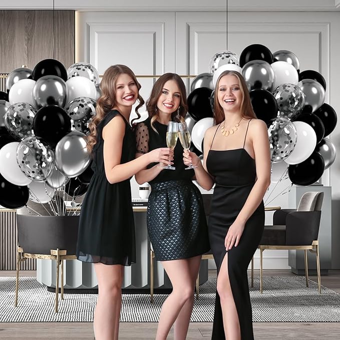 60pcs Black and Silver Balloons 12inch, Black and White Balloons with
