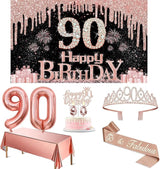 90th Birthday Decorations for Women with Banner Rose Gold Tablecloth