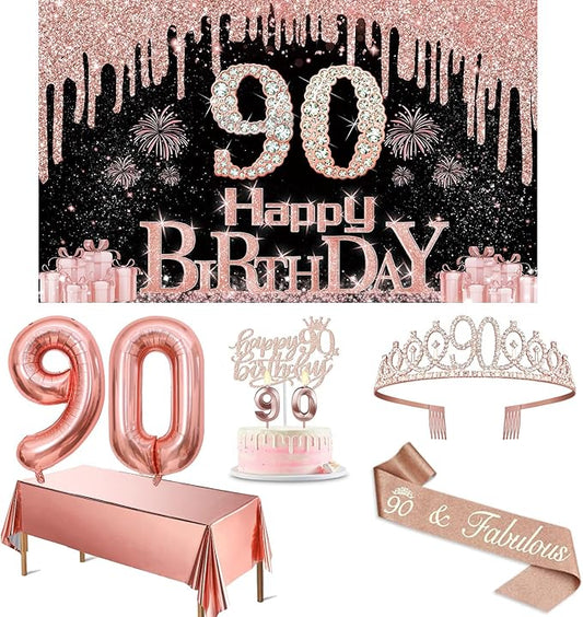90th Birthday Decorations for Women with Banner Rose Gold Tablecloth