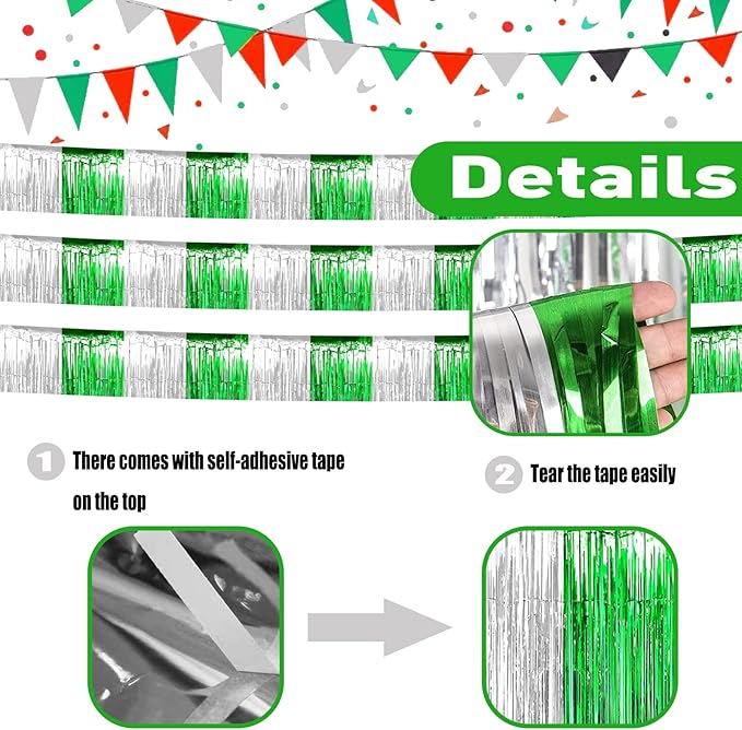 6 Pack 10 Feet Silver Green Foil Fringe Garland Metallic Tinsel
