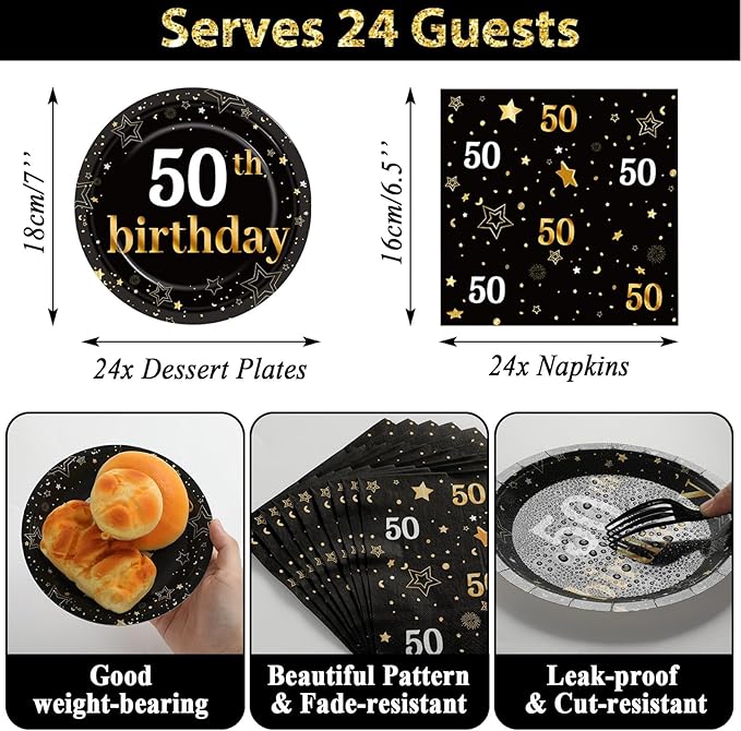 50th Birthday Party Supplies Serves 24 Black and Gold 50 Years Old