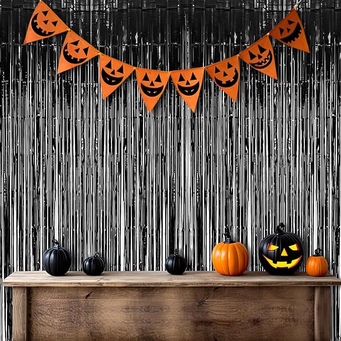 Foil Fringe Curtain Halloweens Party Decorations - Pure Black Tinsel