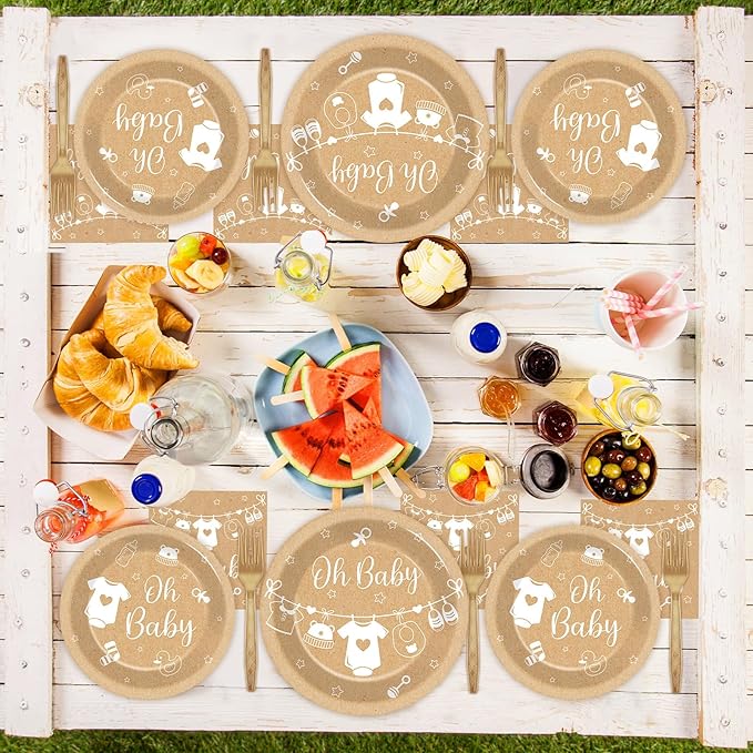 96Pcs Neutral Baby Shower Party Decorations Boho Baby Plates and
