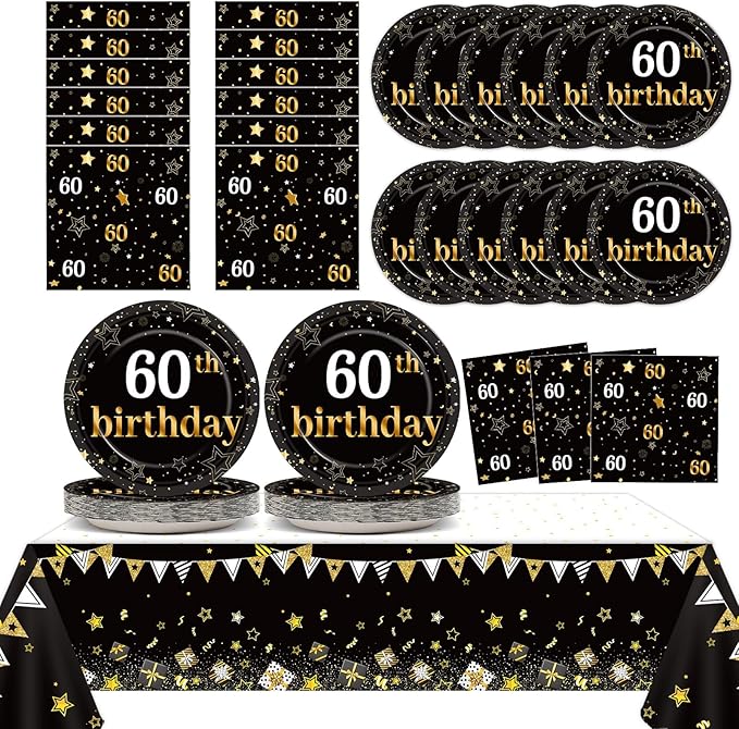 60th Birthday Party Supplies Serves 24 Black and Gold 60 Years Old