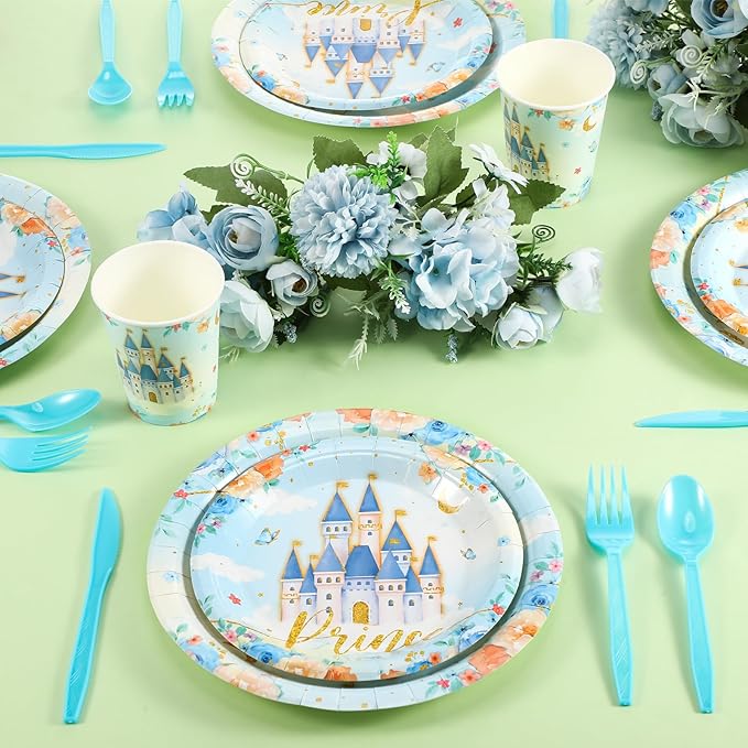 168 Pcs Prince Princess Party Decorations Blue Castle Plates Napkins