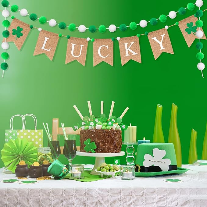 2PCS St Patrick's Day Burlap Banner Felt Ball Garland Set Shamrock
