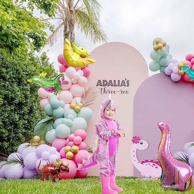 Pink Dino Balloon garland arch kit with Pastel Pink Purple Teal and
