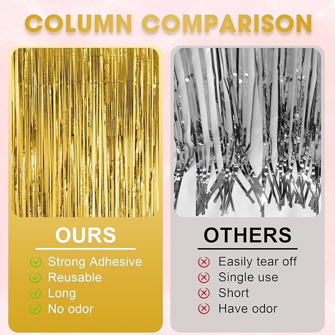 Voircoloria 3 Pack 3.3x8.2 Feet Gold Foil Fringe Backdrop Curtains,