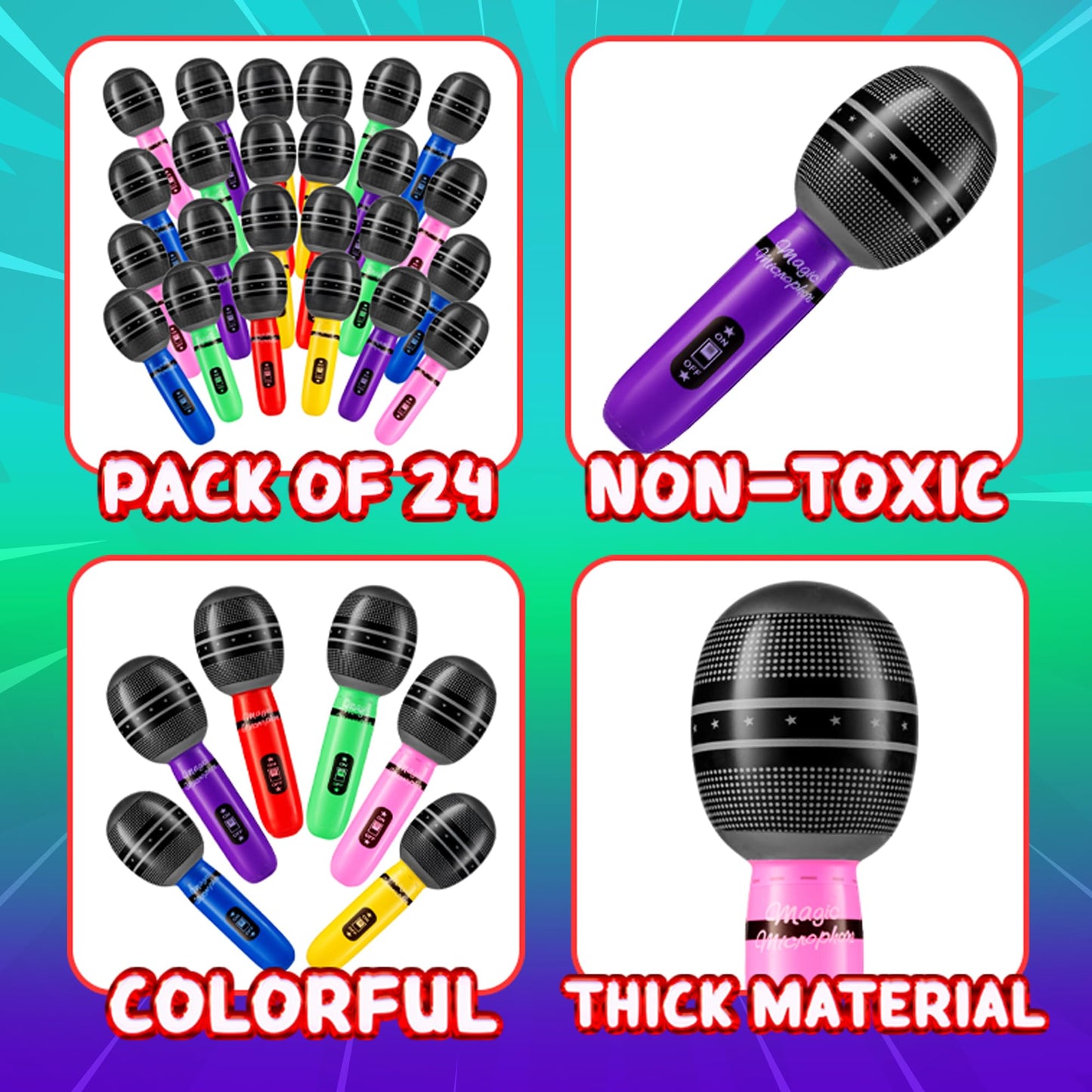 Inflatable Microphones for Parties - (Pack of 24) 10-inch Neon Colors