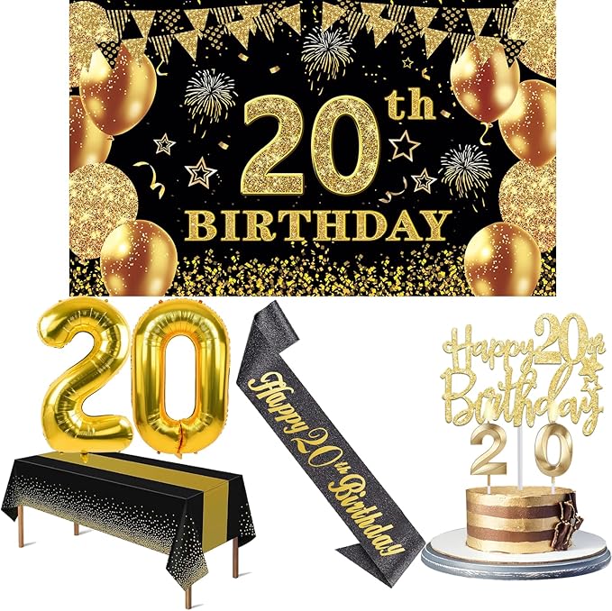 20th Birthday Decorations for Him Her with Banner Black and Gold
