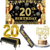 20th Birthday Decorations for Him Her with Banner Black and Gold