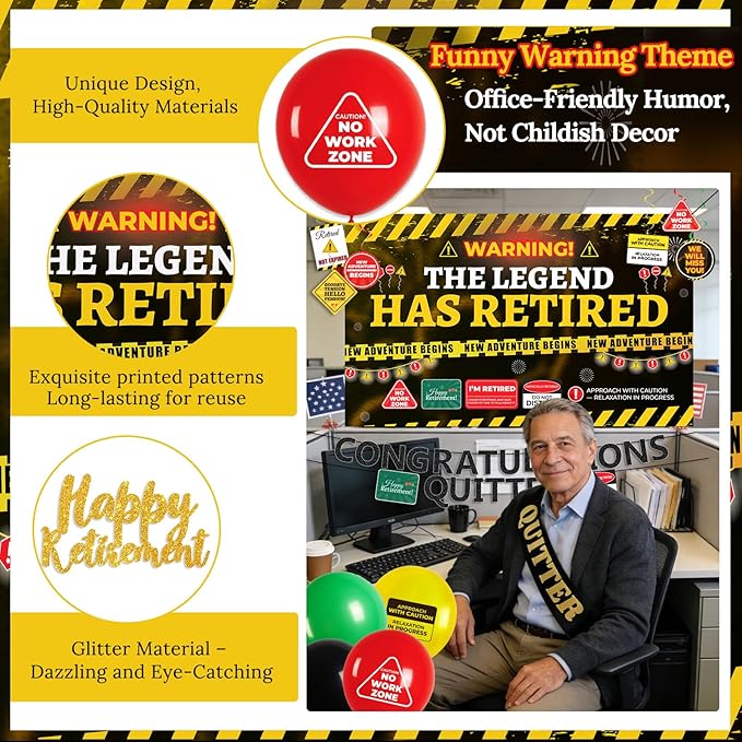 Retirement Party Decorations for Coworker Funny Warning Theme Happy