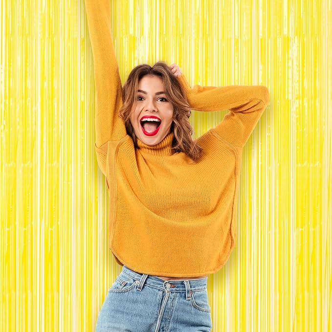 Voircoloria 3 Pack 3.3 x 8.2 ft Pastel Yellow Foil Fringe Backdrop