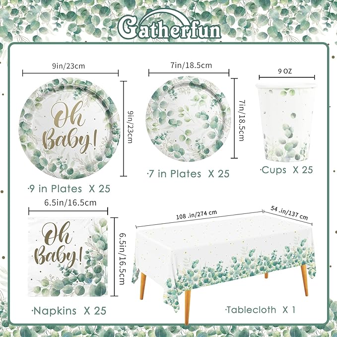 Sage Greenery Baby Shower Party Supplies Disposable Paper Plates