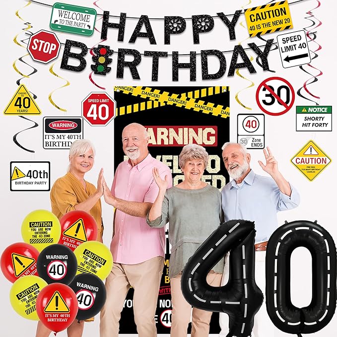 40th Birthday Decorations Men Women Caution Logo Level 40 Unlocked