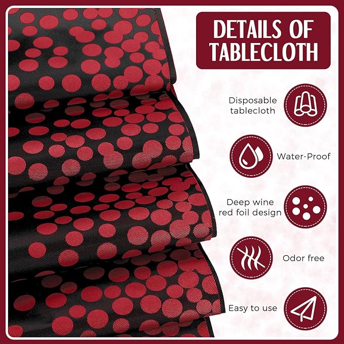 Breling 8 Pack Black and Maroon Disposable Plastic Tablecloths and
