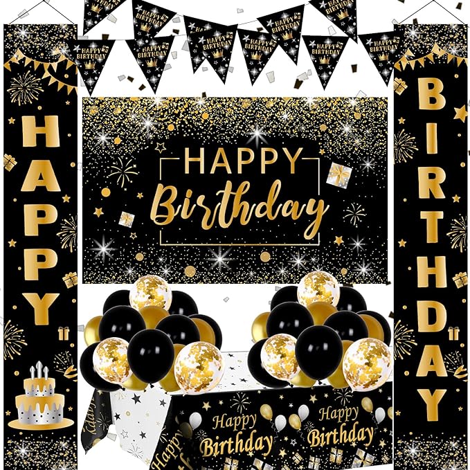 Black and Gold Birthday Decorations for Men Women 37pcs Black and