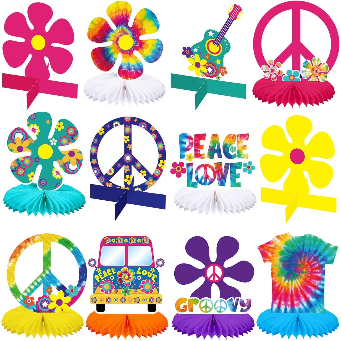 Nezyo 12 Pcs Tie Dye Hippie Party Honeycomb Centerpieces Decorations
