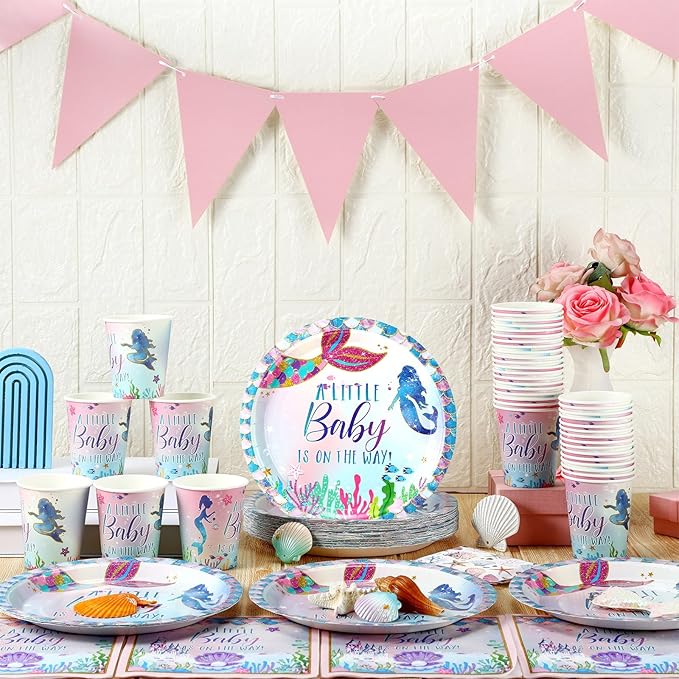 200 Pcs Mermaid Baby Shower Paper Plates Napkins Cups Under the Sea