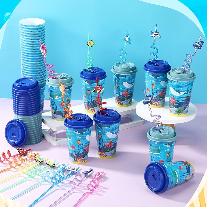 16 Sets Under the Sea Ocean Party Favors Goodie Cups with Lids and