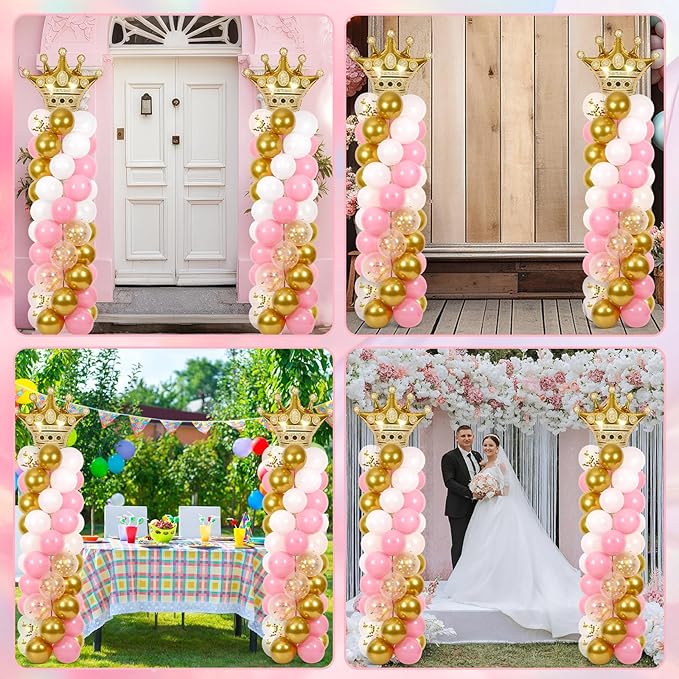 2 Sets Princess Party Balloon Column Stand Kit With 102 Crown Foil