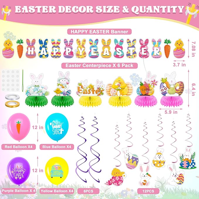 55PCS Easter Decorations HAPPY EASTER Banner 16PCS Easter Balloons