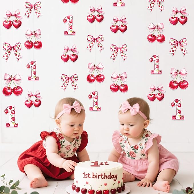 Cherry 1st Birthday Decorations Sweet Floral Cherries Pink Bow