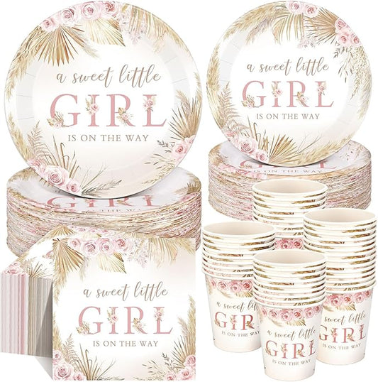 250 Pcs Boho Baby Shower Decorations for Girls Pink Floral Baby