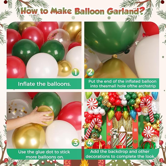 164Pcs Christmas Balloon Arch Garland Kit Xmas Red White Green Gold