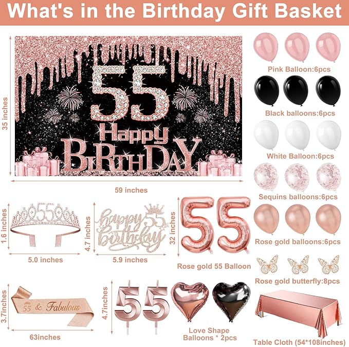 55th Birthday Decorations for Women 49pcs Black Rose Gold Black