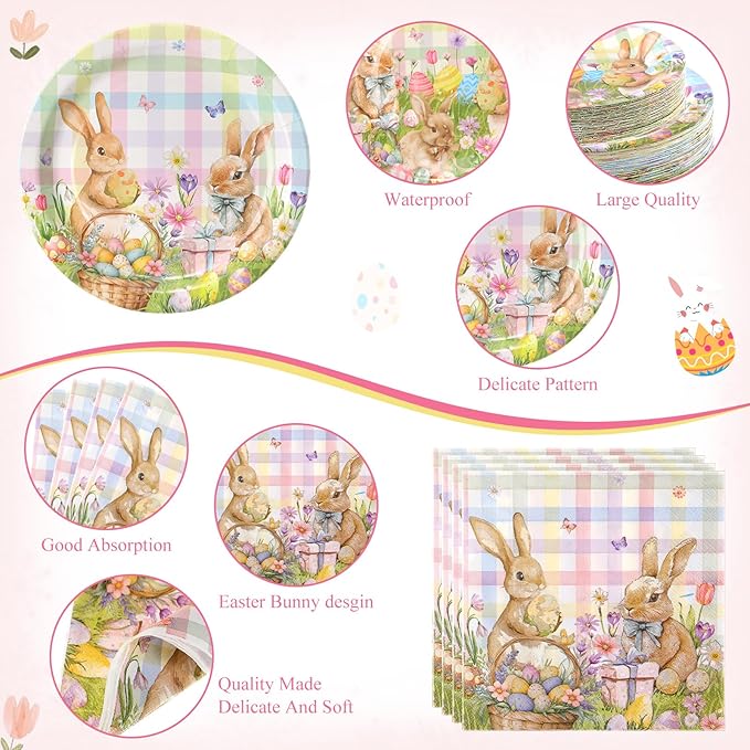 452 Pcs Easter Party Supplies for 50 Guest Pastel Easter Bunny Paper