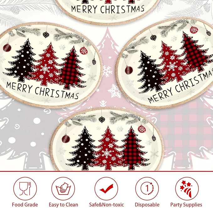 50Pcs Christmas Tree Oval Paper Plates 10 x 12 Large Heavy Duty