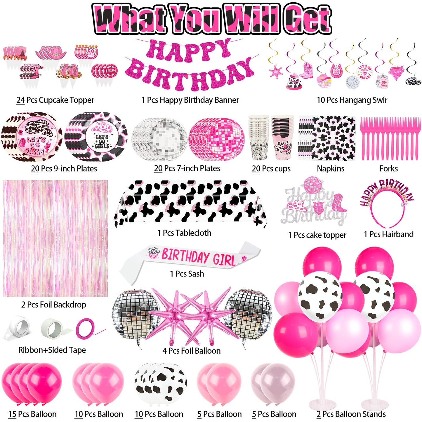 185Pcs Cowgirl Birthday Party Decorations Supplies - Includes 20