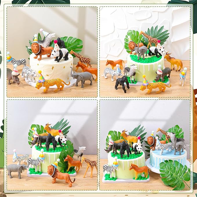 37 Pcs Jungle Animal Birthday Cake Toppers Mini Birthday Hat Animal