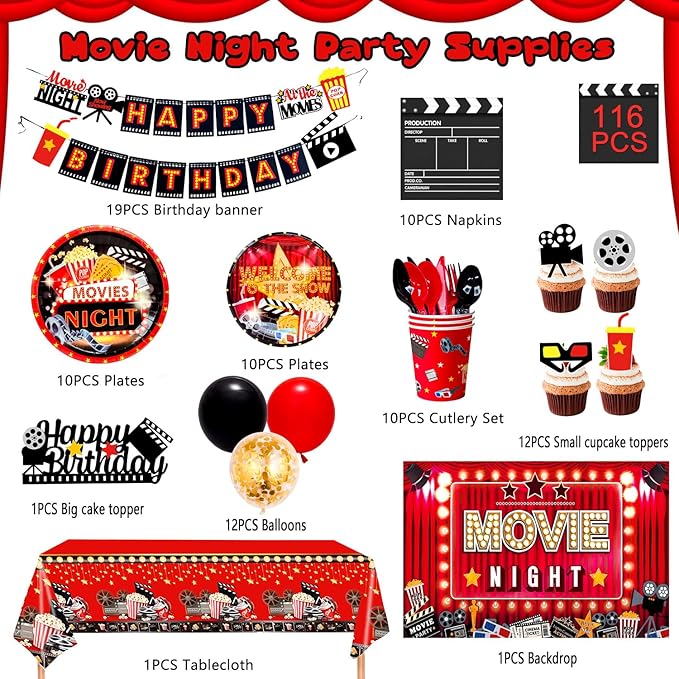 Movie Night Birthday Party Decorations 116Pcs Movie Night Party